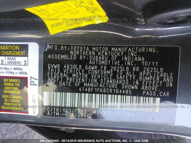 4T4BF1FK6CR164485 - 2012 TOYOTA CAMRY SE/LE/XLE ნაცრისფერი ფოტო 9