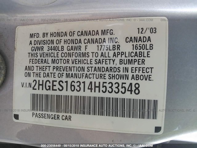 2HGES16314H533548 - 2004 HONDA CIVIC DX VP SILVER photo 9