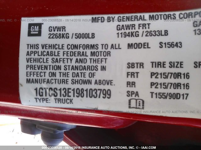 1GTCS13E198103799 - 2009 GMC CANYON RED photo 9