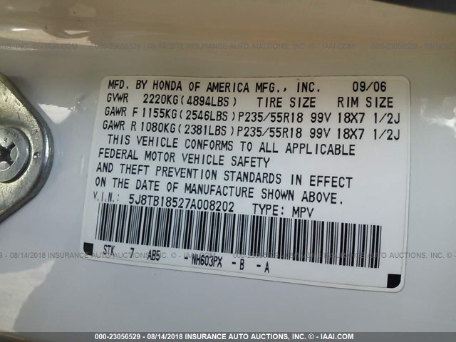 5J8TB18527A008202 - 2007 ACURA RDX TECHNOLOGY WHITE photo 9