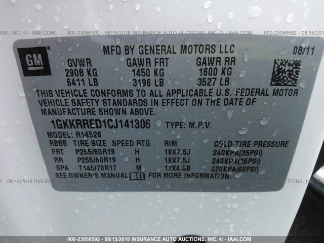 1GKKRRED1CJ141306 - 2012 GMC ACADIA SLT-1 Weiß Foto 9