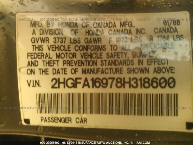 2HGFA16978H318600 - 2008 HONDA CIVIC EXL 灰色 照片 9