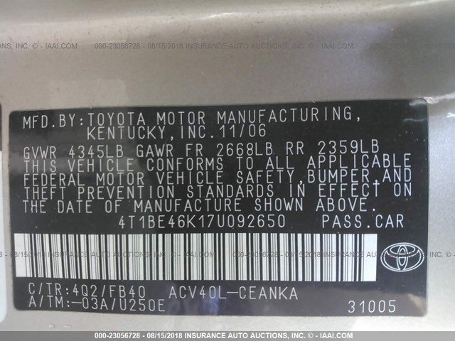 4T1BE46K17U092650 - 2007 TOYOTA CAMRY NEW GENERAT CE/LE/XLE/SE GOLD photo 9