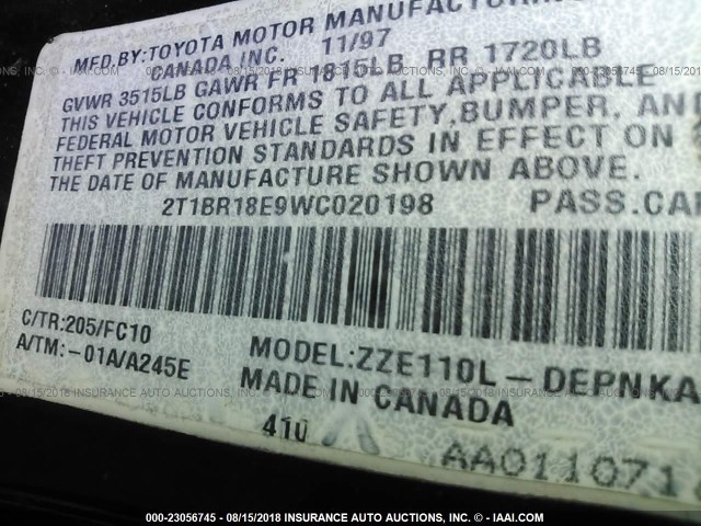 2T1BR18E9WC020198 - 1998 TOYOTA COROLLA VE/CE/LE 黑色 照片 9