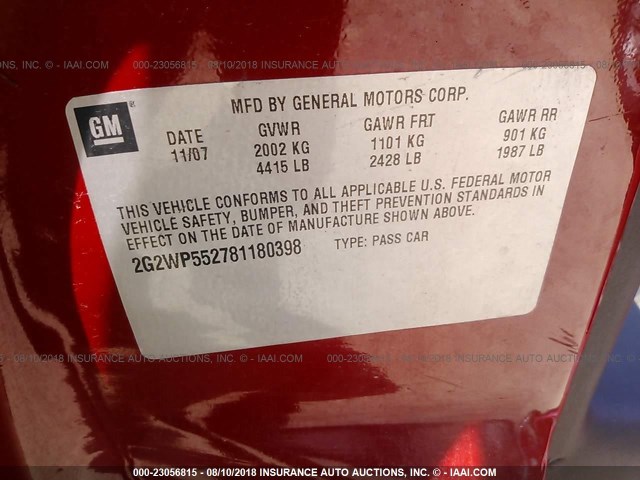 2G2WP552781180398 - 2008 PONTIAC GRAND PRIX Червоний фото 9