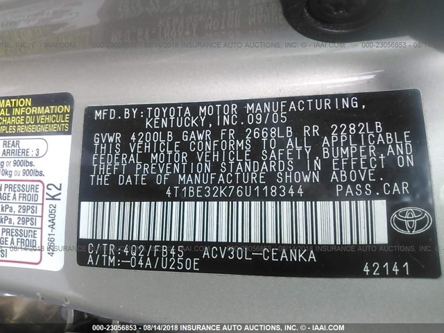 4T1BE32K76U118344 - 2006 TOYOTA CAMRY LE/XLE/SE 金色 照片 9