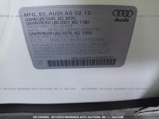 WA1LFAFP1CA089270 - 2012 AUDI Q5 PREMIUM PLUS WHITE photo 9