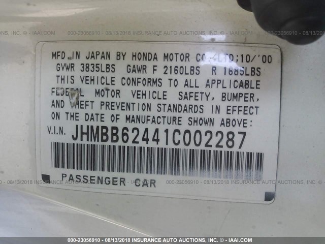 JHMBB62441C002287 - 2001 HONDA PRELUDE WHITE photo 9