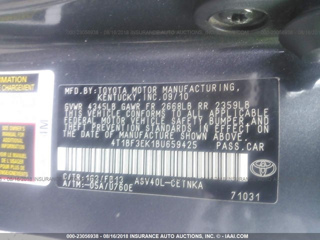 4T1BF3EK1BU659425 - 2011 TOYOTA CAMRY SE/LE/XLE ნაცრისფერი ფოტო 9