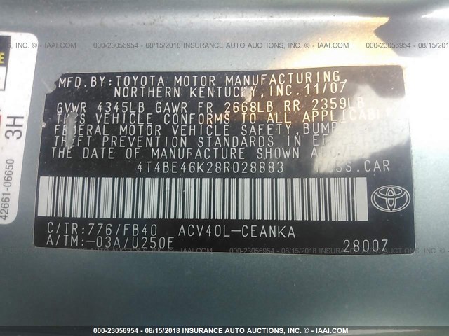 4T4BE46K28R028883 - 2008 TOYOTA CAMRY CE/LE/XLE/SE GREEN photo 9