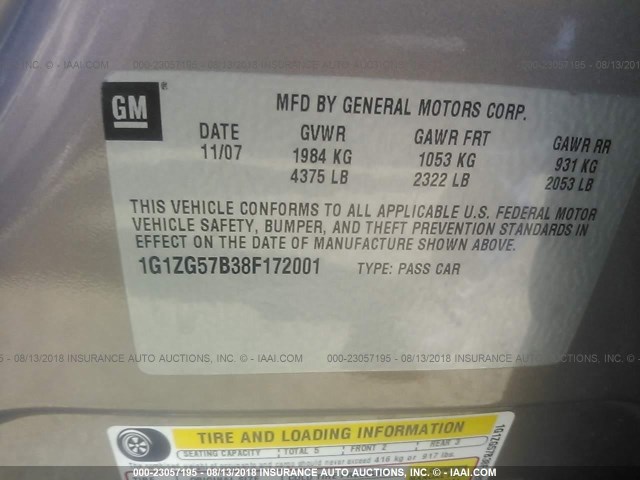 1G1ZG57B38F172001 - 2008 CHEVROLET MALIBU LS ოქროსფერი ფოტო 9