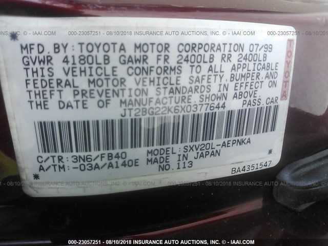 JT2BG22K6X0377644 - 1999 TOYOTA CAMRY LE/XLE BURGUNDY photo 9