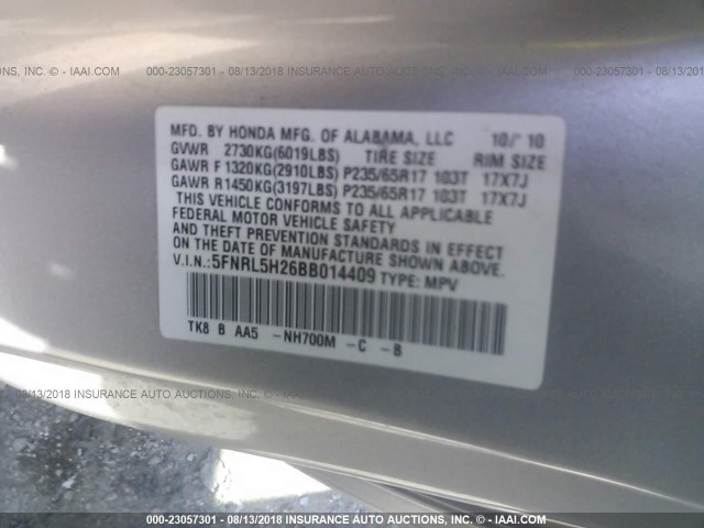 5FNRL5H26BB014409 - 2011 HONDA ODYSSEY LX SILVER photo 9