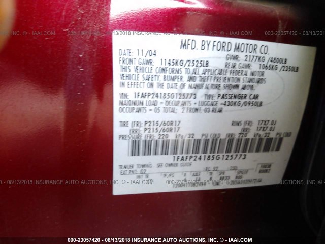 1FAFP24185G125773 - 2005 FORD FIVE HUNDRED SEL MAROON photo 9