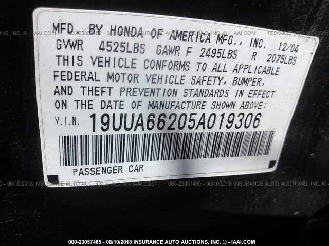 19UUA66205A019306 - 2005 ACURA TL BLACK photo 9