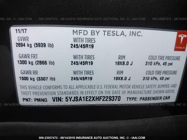 5YJSA1E2XHF229370 - 2017 TESLA MODEL S GRAY photo 9