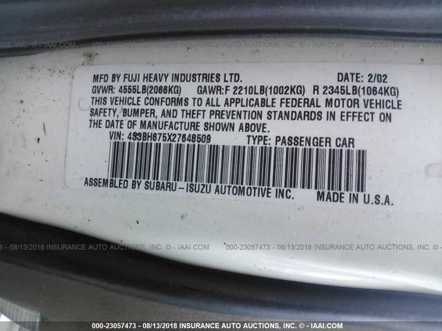 4S3BH675X27648509 - 2002 SUBARU LEGACY OUTBACK AWP 白色 照片 9