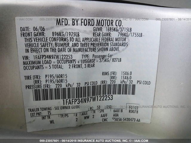 1FAFP34N97W122253 - 2007 FORD FOCUS ZX4/S/SE/SES 银色 照片 9