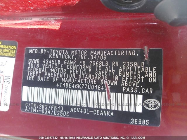 4T1BE46K77U018407 - 2007 TOYOTA CAMRY NEW GENERAT CE/LE/XLE/SE RED photo 9