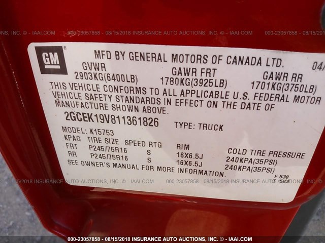 2GCEK19V811361826 - 2001 CHEVROLET SILVERADO K1500 RED photo 9