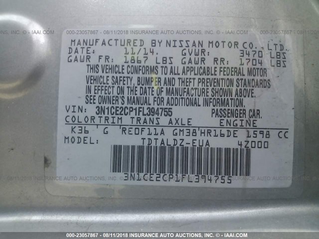 3N1CE2CP1FL394755 - 2015 NISSAN VERSA NOTE S/S PLUS/SV/SL/SR SILVER photo 9