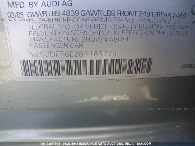 WAUDF78E28A163776 - 2008 AUDI A4 2.0T QUATTRO GRAY photo 9