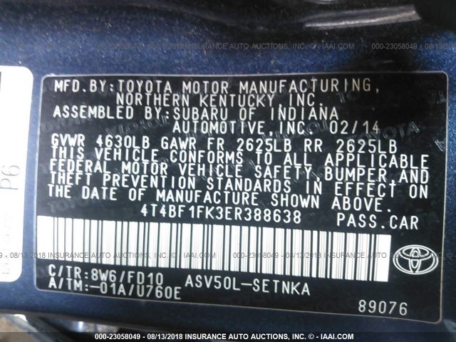 4T4BF1FK3ER388638 - 2014 TOYOTA CAMRY L/SE/LE/XLE ლურჯი ფოტო 9