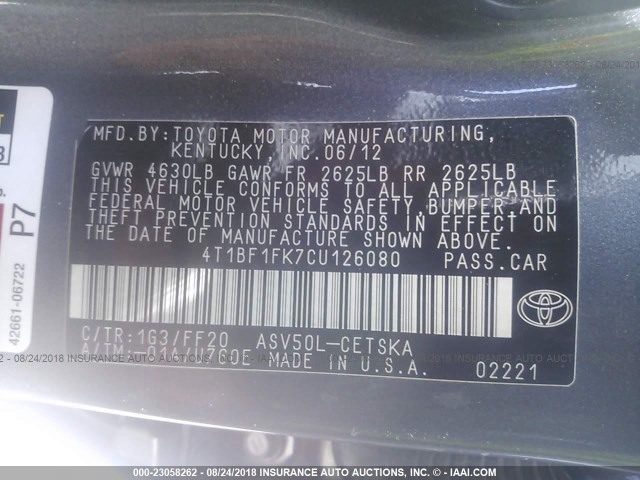 4T1BF1FK7CU126080 - 2012 TOYOTA CAMRY SE/LE/XLE ნაცრისფერი ფოტო 9