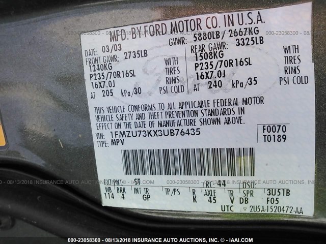 1FMZU73KX3UB76435 - 2003 FORD EXPLORER XLT/XLT SPORT/NBX 绿色 照片 9