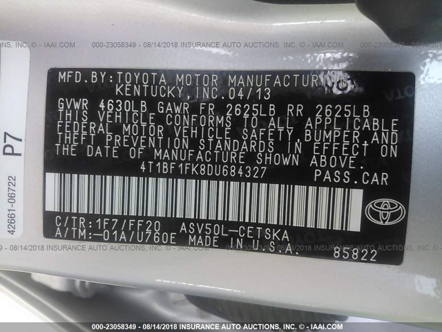 4T1BF1FK8DU684327 - 2013 TOYOTA CAMRY L/SE/LE/XLE 银色 照片 9