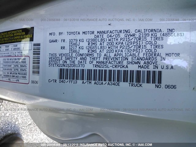 5TETX22N15Z081370 - 2005 TOYOTA TACOMA ACCESS CAB Ақ фото 9