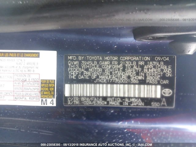 JTKDE177350021386 - 2005 TOYOTA SCION TC 蓝色 照片 9