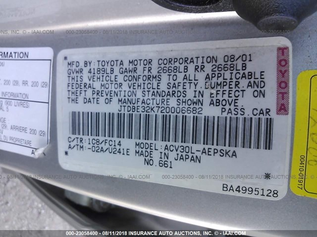 JTDBE32K720006682 - 2002 TOYOTA CAMRY LE/XLE/SE Gümüş foto 9