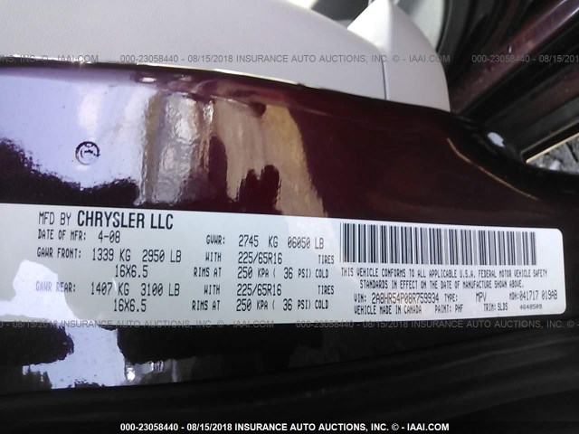 2A8HR54P08R759934 - 2008 CHRYSLER TOWN & COUNTRY TOURING MAROON photo 9
