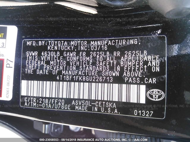 4T1BF1FK8GU226713 - 2016 TOYOTA CAMRY LE/XLE/SE/XSE BLACK photo 9