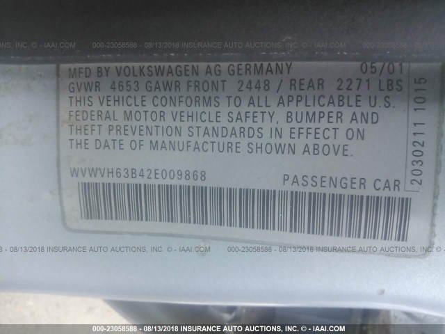 WVWVH63B42E009868 - 2002 VOLKSWAGEN PASSAT GLS Light Blue photo 9