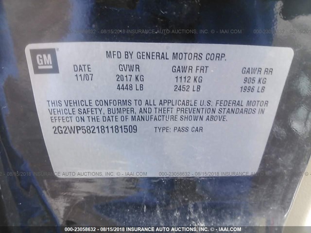2G2WP582181181509 - 2008 PONTIAC GRAND PRIX BLACK photo 9