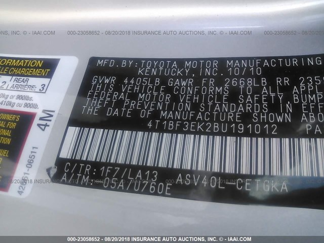 4T1BF3EK2BU191012 - 2011 TOYOTA CAMRY SE/LE/XLE SILVER photo 9