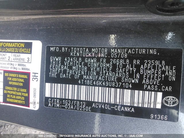 4T1BE46K49U837104 - 2009 TOYOTA CAMRY SE/LE/XLE 灰色 照片 9