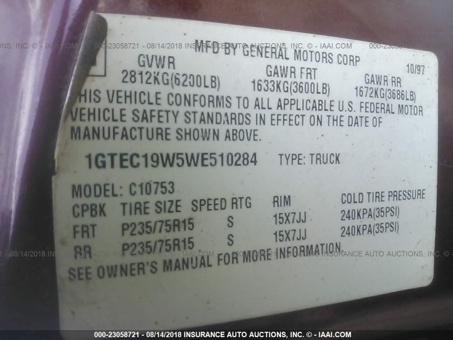 1GTEC19W5WE510284 - 1998 GMC SIERRA C1500 BURGUNDY photo 9