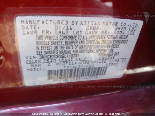 3N1CE2CP3GL410231 - 2016 NISSAN VERSA NOTE S/S PLUS/SV/SL/SR RED photo 9