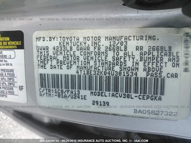 4T1BE32K04U301534 - 2004 TOYOTA CAMRY LE/XLE/SE Qəhvəyi foto 9