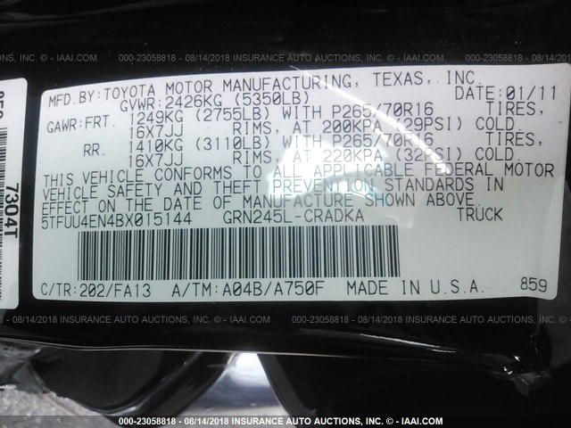 5TFUU4EN4BX015144 - 2011 TOYOTA TACOMA ACCESS CAB Schwarz Foto 9