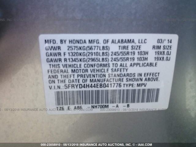 5FRYD4H44EB041776 - 2014 ACURA MDX TECHNOLOGY SILVER photo 9