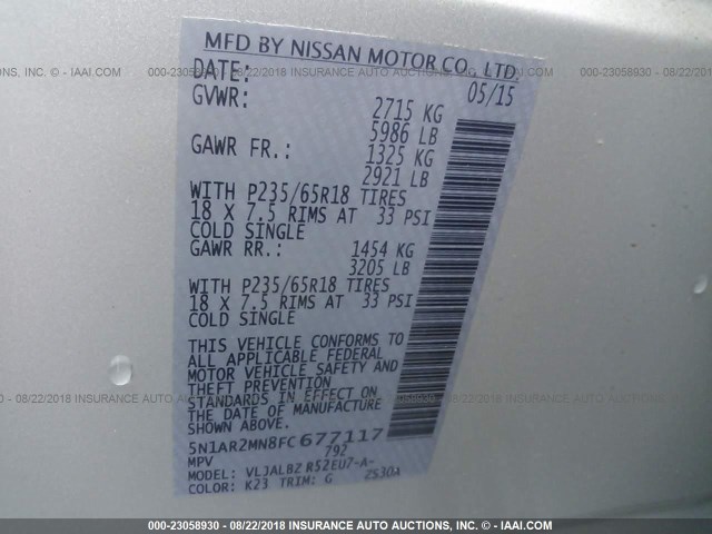 5N1AR2MN8FC677117 - 2015 NISSAN PATHFINDER S/SV/SL/PLATINUM SILVER photo 9