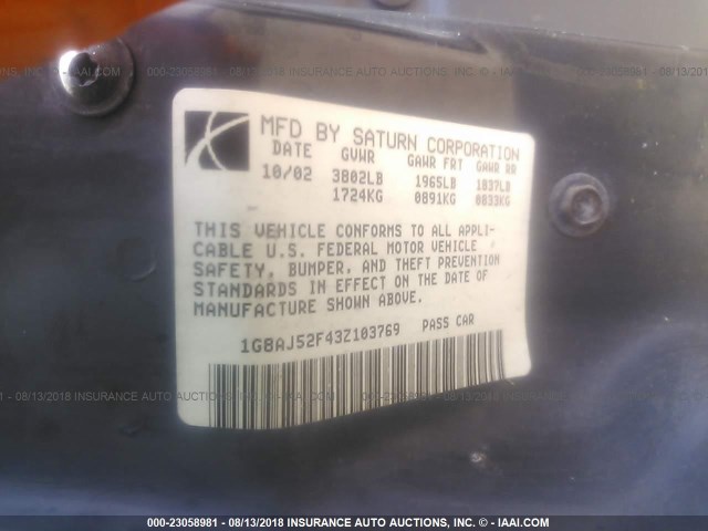 1G8AJ52F43Z103769 - 2003 SATURN ION LEVEL 2 银色 照片 9