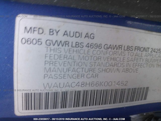 WAUAC48H66K001452 - 2006 AUDI A4 1.8 CABRIOLET BLUE photo 9