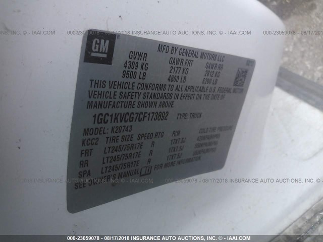 1GC1KVCG7CF173892 - 2012 CHEVROLET SILVERADO K2500 HEAVY DUTY WHITE photo 9