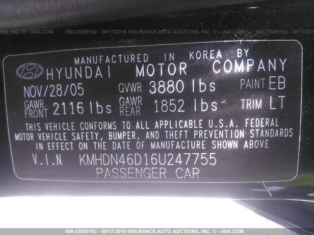 KMHDN46D16U247755 - 2006 HYUNDAI ELANTRA GLS/GT/LIMITED BLACK photo 9