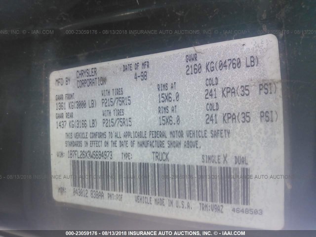 1B7FL26X3WS694973 - 1998 DODGE DAKOTA GRAY photo 9